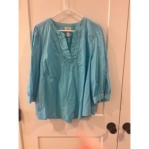 St Johns Bay Womens XXL Turquoise Blue Cotton 3/4 Sleeve Split Neck Blouse Top